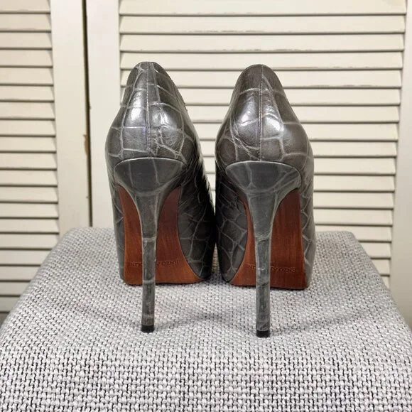 Enzo Angiolini Women's Tanen Grey Leather Peep Croc Stiletto Heel Pumps Size 8 M - Picture 6 of 11